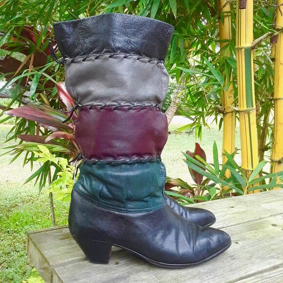 Vintage ADRIANO FOSI Italy Leather Boots Patchwork 7 M Slouchy Purple Black - Picture 1 of 7
